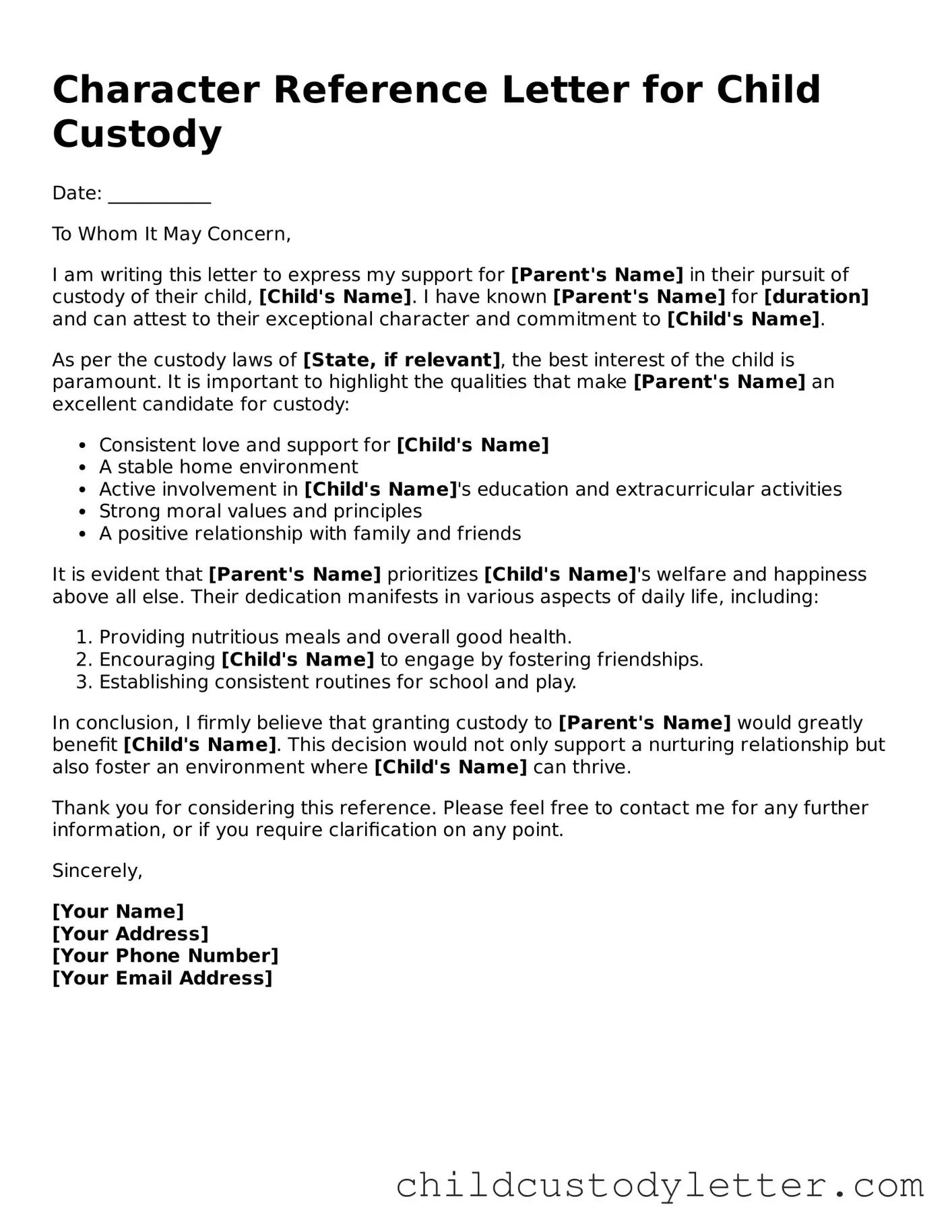 Valid Character Reference Letter for Child Custody Form